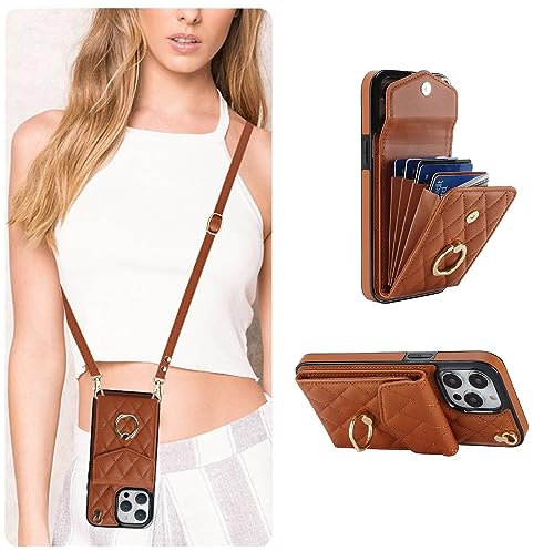QLTYPRI Crossbody Wallet Case for iPhone 12 Pro Max,PU Leather Phone Case with RFID Blocking Card Slots Holder Ring Kickstand Wrist Strap Lanyard Handbag Purse Cover for iPhone 12 Pro Max-Brown