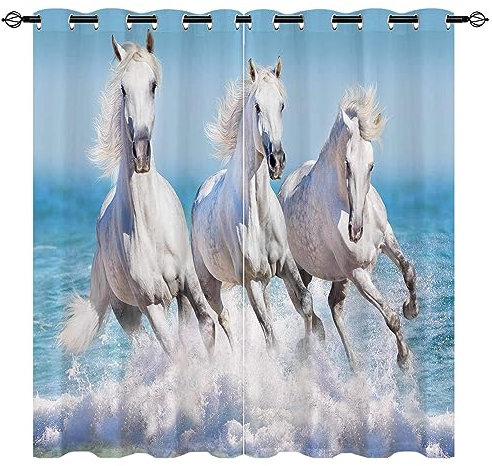 YUANZU White Horse Vorhänge DREI Pferderennen Galopp in Wellen Ozean Ösen Gardinen mit Blickdichte Vorhang Blackout Curtain Wohnzimmer Schlafzimmer Verdunkelung Fenster, 2 Stück, H 175 x B 140 cm