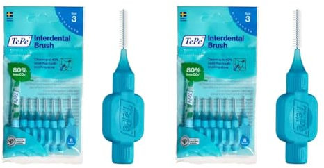 TePe Interdental Brush, Original, Blue, 0.6 mm/ISO 3, 8pcs, Plaque Removal, efficient Clean Between The Teeth, Tooth Floss, for Narrow Gaps (Pack of 2)