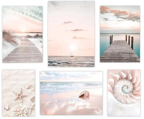 Doafcoe Premium Poster Set 6er Wandbilder Wohnzimmer Modern Strand Motiv für Wohnzimmer, Arbeitszimmer, Esszimmer