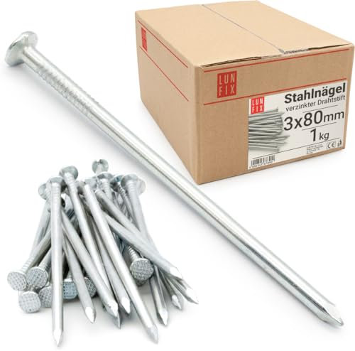 Lun Fix Chiodi in acciaio, 3 x 80 mm, 1 kg, chiodi in legno per lavori di costruzione, chiodi zincati, lunghi 80 mm, spilli per lavori di falegnameria, fai da te, crafts