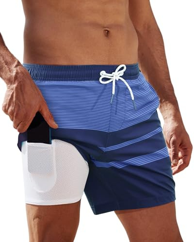 Arcweg Herren Badehose Badeshorts mit Kompression Liner 2 in 1 lässige Swim Shorts Kurz 5.5 Schnelltrocknend Boardshorts Strandshort mit Reißverschlusstasche Blaue Streifen M（EU）