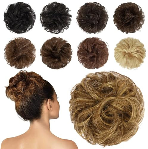 FESHFEN 100% Echthaar Haarteil Dutt Haargummi, Wellig Lockige Haarknoten Haargummi Haarverlängerungen Hochsteckfrisuren Echthaar Haarteil für Damen Mädchen Hellbraun gemischtes Blond