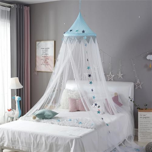 ENEN Zanzariera Baldacchino per Letto Bambina, Baldacchino a Cupola di Tulle con Pompons, Decorazione da Sogno per Cameretta dei Bambini, Lettino, Culla Neonato,Tenda da Gioco (Blu)