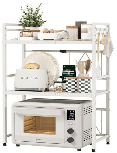 NETEL Erweiterbares Mikrowellen Regal 3 Stufig,Mikrowellenständer für Arbeitsplatte,Mikrowellen Regal Organizer Küche,Mikrowellenregal mit 8 Haken,Weiß