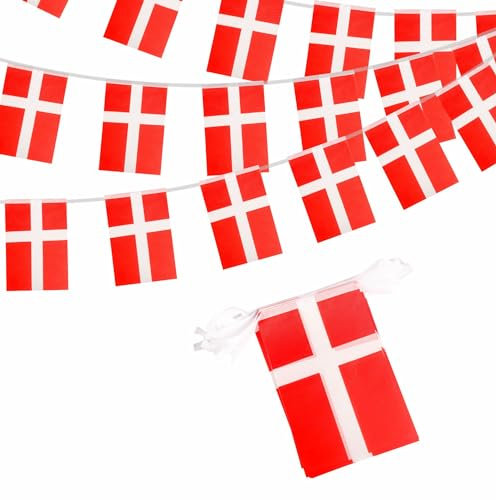 Dänemark-Flaggen-Wimpelkette, 10 m, 30 Flaggen, 14 x 21 cm, Euro-Fußball 2024, Dänemark, Wimpelkette, Banner, Party-Dekorationen für Sportveranstaltungen, Bar, Garten, Innen- und Außenbereich
