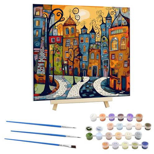 EOBROMD Peinture par Numero Adulte Paysage Urbain,Kit de Peinture à l'huile sur Toile Bricolage avec Cadre en Bois et Chevalet, Fantaisie Peinture Sans Plis Toile pour Décoration de la Maison 30x30cm