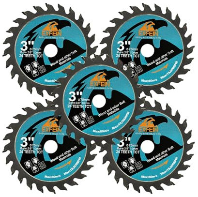 EXFEIN Wood Cutting Disc 75mm 5pcs - 24T TCT Carbide Tipped Teeth Compact Circular Cutting Disc with 10mm Arbor, General Purpose for Cuttting in Wood Plastic and Composite Materials