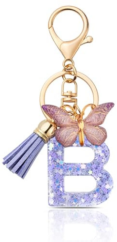 MORSUNBELA Porte-clés avec lettre initiale papillon porte-clés pour adolescentes et filles, Lilas B, S