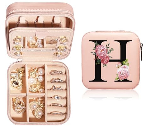 JEKUGOT Personalisierte Schmuckschatulle - Tragbares Reise-Schmucketui Mit Spiegel, A-Z Alphabet-Design für Mädchen und Frauen