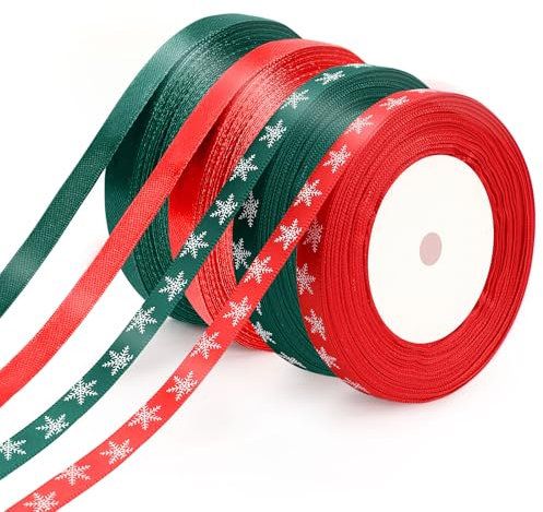 Augshy Geschenkband Weihnachten, 4 Rollen 1 cm x 23 m Schleifenband Weihnachten Weihnachtsband Rot Grün Schneeflocke Satinband für Weihnachten Geschenk Deko