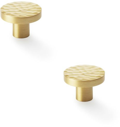 2 Pack - Slim Hammered Door Knob - Satin Brass 38mm Round Cupboard Cabinet Pull Handle