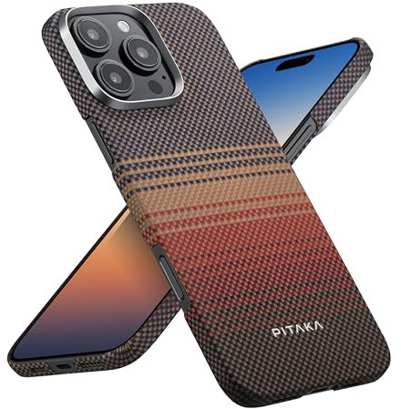 pitaka Hülle für iPhone 16 Pro Ultradünne Handyhülle aus Aramidfaser Kompatibel mit Magsafe Magnetische Schutzhülle Taktile Gewebte Hülle mit Angenehmem Griff und Fusion Weaving Sonnenuntergang