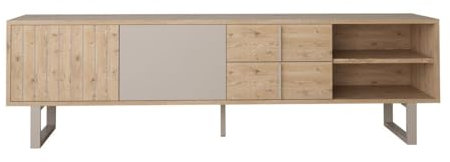 Calicosy Meuble TV 2 Portes, 2 Tiroirs et 2 Niches L180 cm - MILLAY - en Panneaux de Particules - Bicolore Chêne et Gris - pour Salon - L180 cm x l40 cm x H51,5 cm