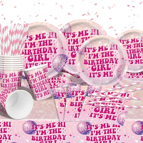 DUGEHO Its Me Hi im The Birthday Girl Its Me Me Its Me Me - Set di 101 piatti di carta per compleanno, tra cui tovaglia, piatti, bicchieri, tovaglioli per feste di compleanno (20 ospiti)