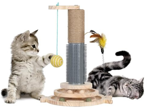 OSKOPWRC Katzenkratzbaum mit Sisalseil, Katzenkratzer Kätzchenspielzeug, Interaktiver Katzenkratzstab für Indoor-Katzen, Katzenminze Teaser, 3-stöckiges Spielzeug-Ballbahn, Stabiler Holzsockel,