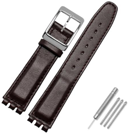 AMAUPCKCA 17mm 19mm Armband for Swatch Rindsleder Uhrenarmband Schwarz/Braun/Weiß Wasserdichter Edelstahlverschluss Herren Damen Business Armband(Brown SK,19mm)