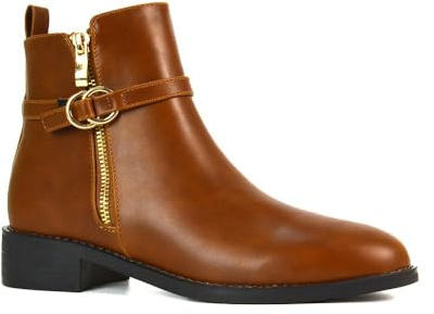 ESSEX GLAM Women's Chelsea Boots Ladies Flat Low Heel Pixie Deco Buckle Zip Synthetic Leather Casual Pixie Ankle Booties Shoe Size 3-8