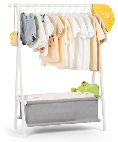 Relquorax Porte-vêtements pour enfants avec rangement, porte-vêtements, vêtements pour enfants, petit vêtement, pour costume, bambou (blanc)