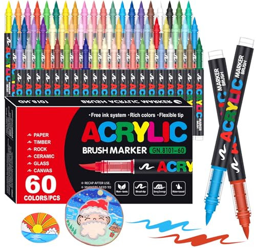Laconile 60 Colours Accrylic Paint Brush Markers Set -Paint Pens Acrylic Markers for Rock Painting Cermic Glass Stone Metal Fabric, Water-based Acrylic Paint Pens with 1-5MM Flexible Brush Tip
