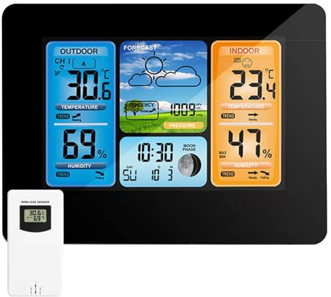 Binnan Stazione Meteorologica Wireless Termometro Interno ED Esterno Stazione Meteo Wireless Digital Colour Forecast Stazione Meteo, Orologio DCF, Display A Colori