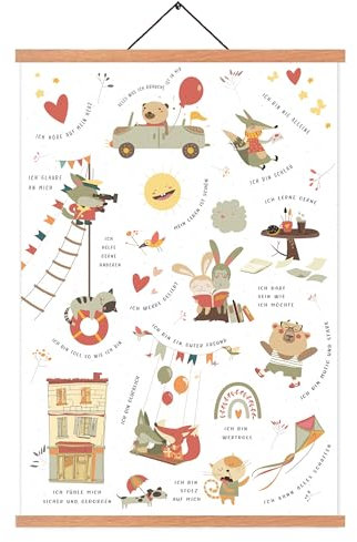 ZDFDC Affirmation Poster Kinder Deutsch,Selbstvertrauen Poster,Positive Glaubenssätze-Wandbilder auf Leinwand in A2-Größe mit Teak-Holz Posterleiste und Magnetbefestigung