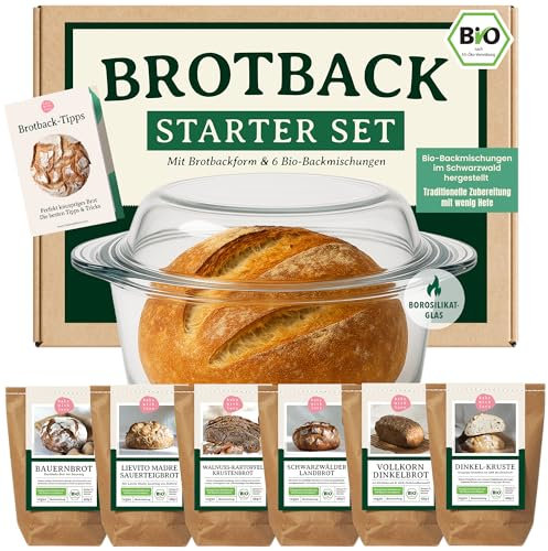 Brotbacken Starter Set – Glas Brotbackform mit Deckel (Brotbacktopf) & 6 Bio Brotbackmischungen – Geschenk zum Einzug oder für Brotliebhaber – Bake with Love