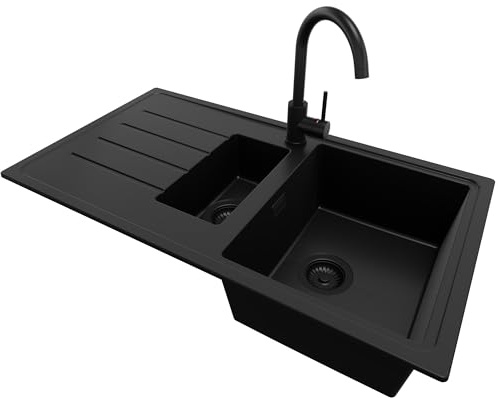 PRIMAGRAN Granitspüle ab 60er Unterschrank + Küchenarmatur, 90x50cm | Set: Küchenarmatur BW5010 + Ablauf-Set + Spülbecken 1,5 Becken - Kopenhagen Duo, Alles Schwarz