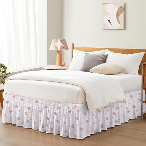 Cache-sommier à motif floral – Jupe de lit élastique plissée à volants avec design enveloppant, extensible et antidérapant avec jupe de protection intégrée pour décoration de chambre à coucher (floral