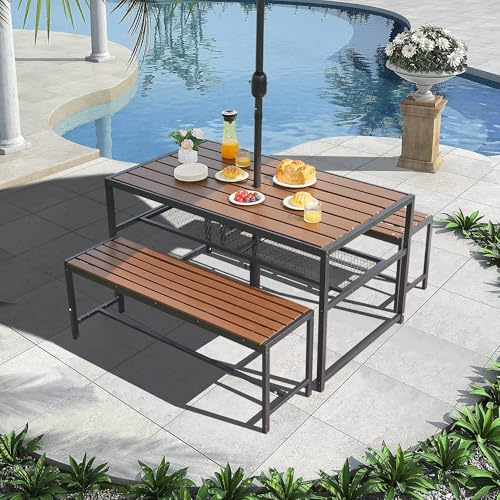 TinFrey Bierzeltgarnitur Holz 140 cm Biertischgarnitur mit Tisch & 2 Bänken, Sitzgarnitur Garten Wetterfeste für 6 Personen inkl. 5 cm Schirmloch & Ablagefach ideal für Garten, Terrasse, Biergarten