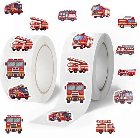 1000 Stück Feuerwehr Aufkleber Set - 2 Rollen Selbstklebende Feuerwehrauto Sticker für Kinder, Ideal als Mitgebsel Kindergeburtstag, Belohnungssticker für Schule, Deko für Wasserflasche