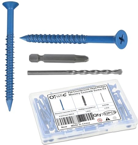 OywhC 50Pcs Masonry Concrete Screws 4.8mm x 57mm with Screwdriver & Drill Bit, Special Blue Coating, Flat Countersunk Head, Conical Diamond Tip, High-Low Threads, for Masonry/Concrete/Brick/Block