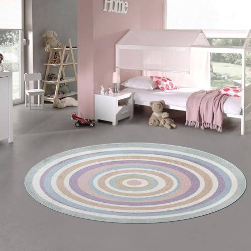 Teppich-Traum Kinderteppich Rund Kreismuster Pastell Ø 120 cm | Weich und pflegeleicht, allergikerfreundlich, strukturierte Oberfläche und für Fußbodenheizung geeignet, Kinderzimmer