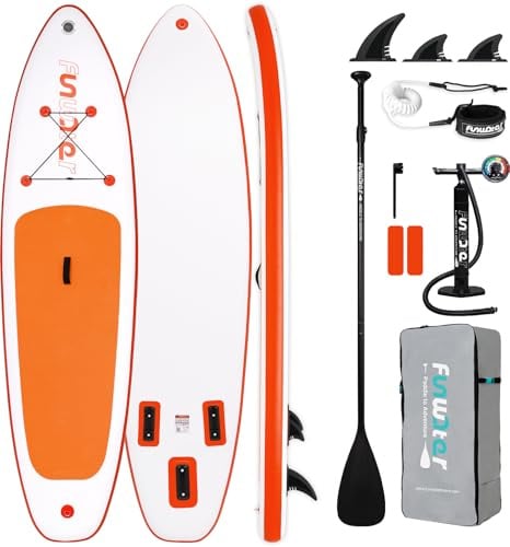 FunWater Aufblasbares Stand Up Padding Board, Ultra-Leicht SUP Board Zubehör: Verstellbares Paddel, Pumpe, Rucksack, Leash, Finnen – Für alle Könnerstufen