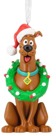 Hallmark Scooby Doo with Wreath & Santa Hat Keepsake Hanging Ornament, Tree Decoration, Christmas, Green, Brown