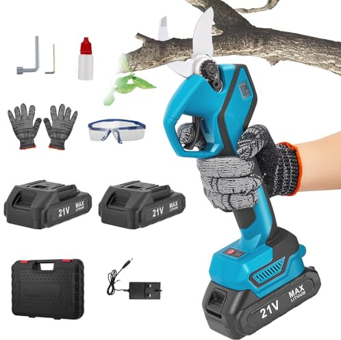 Neulriscn Electric Pruning Shears, 21V Cordless Electric Secateurs, Max 30mm Cutting Diameter, Garden Pruners Scissors with 2 x 2.0Ah Batteries, Brushless Motor, LCD Display, for Tree Branch Trimming