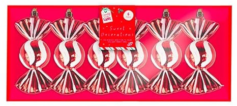 Red & White Candy Stripe Sweet Shaped Christmas Bauble Hanging Decorations - Pack of 6