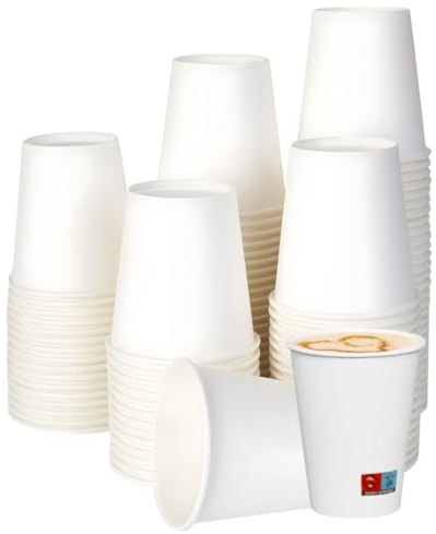 Vasos de papel blancos desechables | Resistentes, térmicos para capuchino, infusiones, té, cócteles, bebidas para llevar | Ecológicos, compostables, reciclables para bar, eventos, oficinas, catering