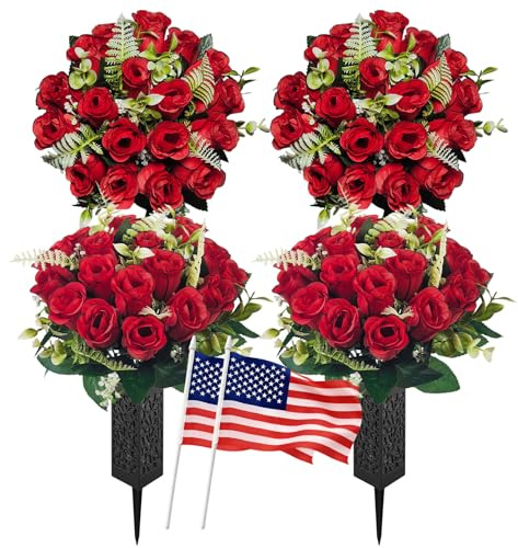 Mirevielyn 2-Pack 18-Stem Artificial Rose Cemetery Flowers with Vases