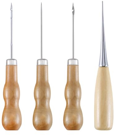 AJKQNMA 4 Stück Ahle Set mit Holzgriff, Schneiderahle Pfriem für Lederhandwerk, Multifunktionales DIY Handwerkzeug zum Stanzen Nähen Bohren, Naturholzfarbe