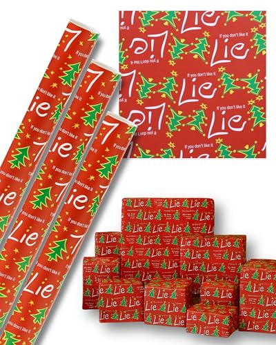 Geschenkpapier 3-er Set | 70 x 100 cm je Bogen | „If you don’t like it, lie“ | lustiges Weihnachts-Geschenkpapier mit Tannenbäumen, Spruch & weihnachtlichem Design | Gift Wrapping | gerollt geliefert