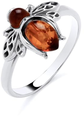Old English Jewellers 925 Sterling Silver Natural Baltic Amber Bee Ring - Sizes M N O P Q - Womens Honey Bee Ring - Jewellery Gift
