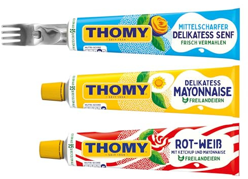 THOMY Saucen-Paket | 3 verschiedene Sorten | 3 x Tuben 200ml mit 1 limitierten THOMY SAURKs Edelstahl-Gabeln | Partypaket | Senf, Mayonnaise und Rot-Weiß Ketchup & Mayonnaise