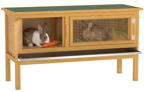 PawHut Hasenstall Kaninchenstall 115x44,3x65 cm für Kaninchen Hellgelb | Aus Holz, Kaninchenkäfig, Aufklappbares Dach, 2 Türen, Auslaufsichere Schale, Hasenkasten für Außen