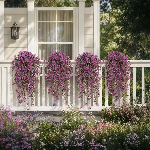 4 Pcs Artificial Hanging Plants Outdoor, 77cm Fake Flowers Trailing Vine | Artificial, for Wall Baskets Garden Patio Decoration Light Purple