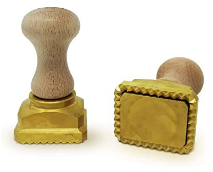 La Gondola Homemade Ravioli Stamp - Square Festooned 45x55mm | Italian Pasta Making Tool for Home and Business | Brass & Natural Wood | Easy to Use Ravioli Stamp | Ravioli Cutter Made in Italy