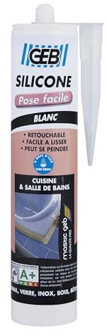 GEB Mastic silicone Blanc Pose Facile pour surface émaillées, Retouchable, Facile à lisser, Peut se peindre - Cartouche 280 ml