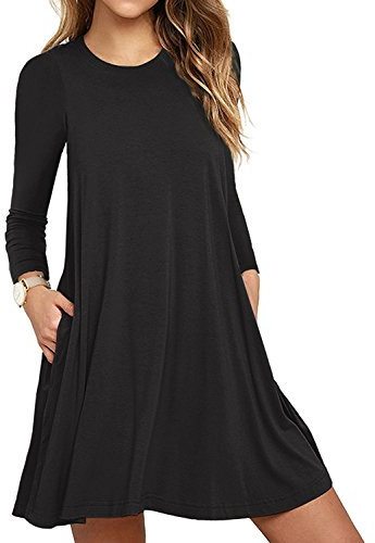 PCEAIIH Women's Summer Long Sleeve Pockets Swing T-Shirt Casual Dresses Dress Black