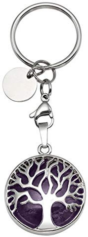 JOVIVI Silver Tree of Life Natural Amethyst Crystal Healing Reiki Chakra Gemstone Pendant Keyring Keychain Handmade DIY ID Tag Key Ring,31*27mm