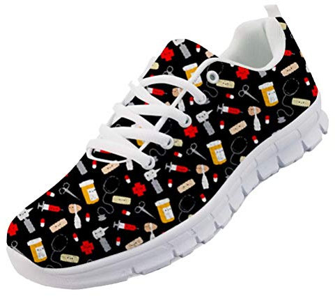 chaqlin Frauen Casual Running Walking Sneakers Schnüren Komfortable Soft Flats Sport Gym Trainer für Herren mit Cute Nurse Schuhe Schwarz Größe Eur40